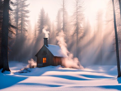 Cozy Cabin in Snowy Forest at Sunrise