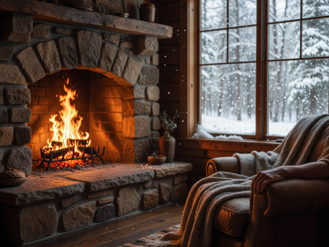 Cozy Cabin Interior with Firelight and Snowfall Outside