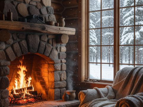 Cozy Cabin Interior with Fireplace and Snowfall Outside
