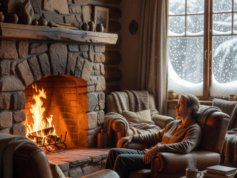Cozy Cabin Interior with Fireplace and Snowfall Outside