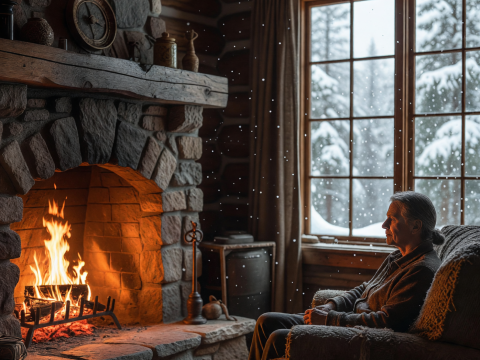 Cozy Cabin Interior with Fireplace and Snowfall Outside