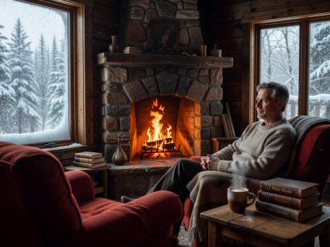 Cozy Cabin Interior with Fireplace and Snowfall Outside