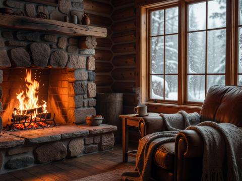 Cozy Cabin Interior with Fireplace and Snowfall Outside