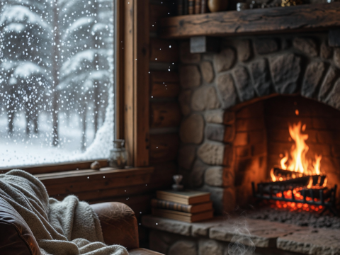 Cozy Cabin Interior with Fireplace and Snowfall View