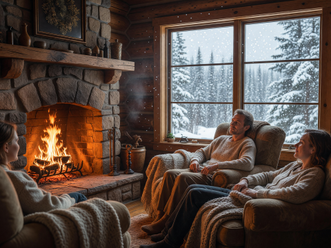 Cozy Cabin Interior with Fireplace and Snowstorm Outside