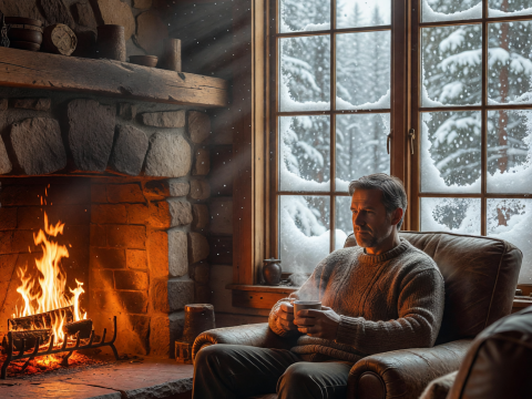 Cozy Cabin Interior with Fireplace and Snowy Window View