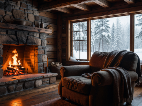 Cozy Cabin Interior with Fireside Glow and Snowy Window View