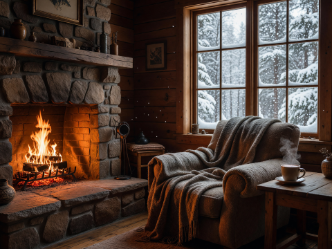 Cozy Cabin Interior with Hearth and Snowfall Outside
