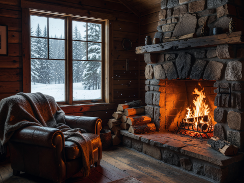 Cozy Cabin Interior with Stone Fireplace and Snowy View