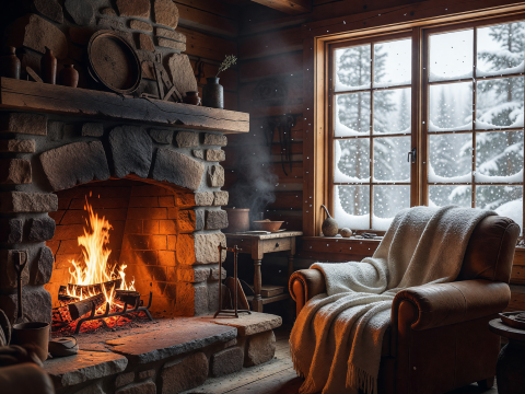 Cozy Cabin Interior with Stone Fireplace and Snowy Window