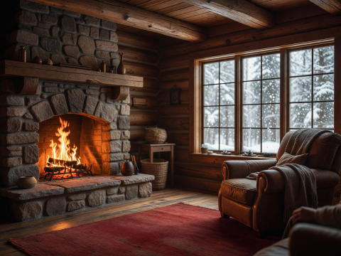 Cozy Cabin Interior with Stone Fireplace and Snowy Window View
