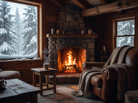 Cozy Cabin Interior with Warm Fireplace and Snowy Window View