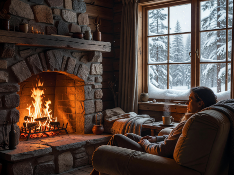 Cozy Cabin Interior with Warm Fireplace and Snowy Window View
