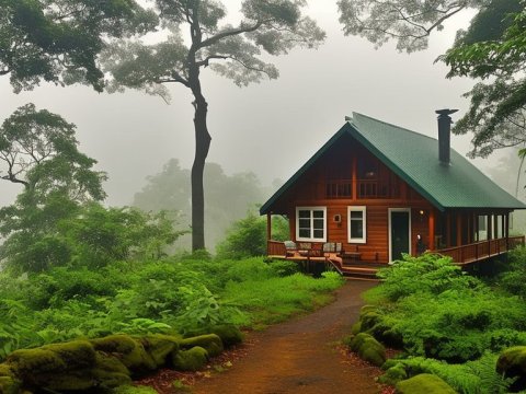 Cozy Cabin Surrounded by Lush Green Forest in Misty Weather