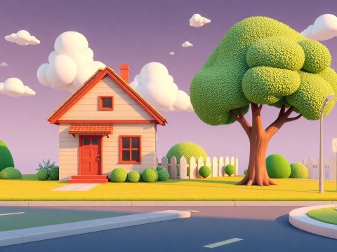 Cozy Cartoon 3D Suburban House with Lush Greenery