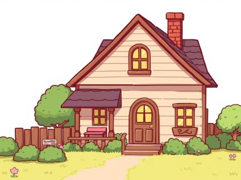 Cozy Cartoon Cottage with Garden and Fence