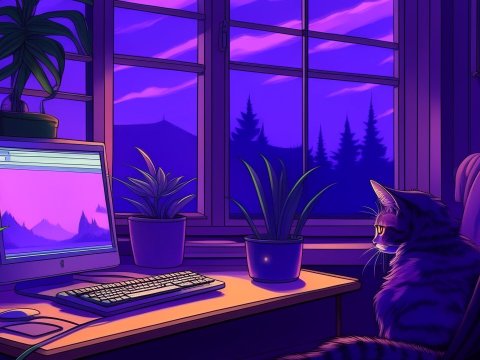 Cozy Cat by a Purple-Hued Computer Desk at Twilight