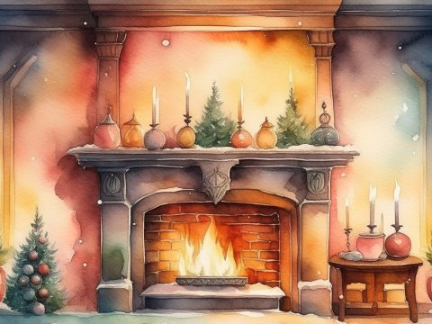 Cozy Christmas Fireplace Watercolor Painting
