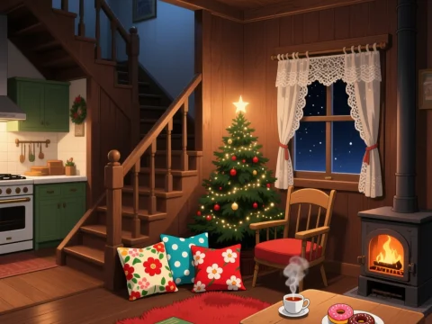 Cozy Christmas Living Room with Fireplace and Stairs