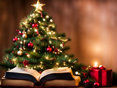 Cozy Christmas Tree with Open Book and Gifts