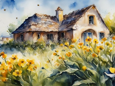 Cozy Cottage Amidst Blooming Yellow Flowers in Watercolor