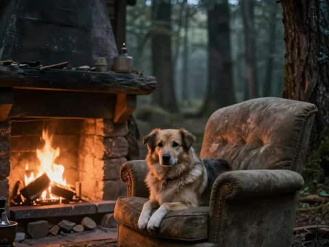 Cozy Dog Relaxing on Armchair by Outdoor Fireplace