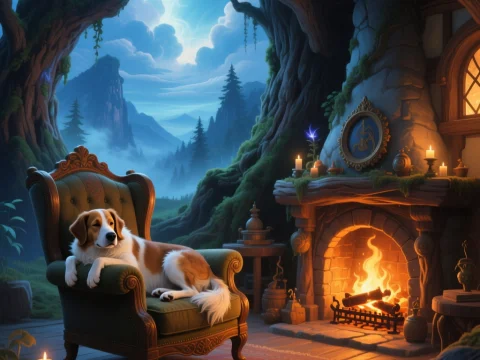 Cozy Elven Dog by Fireplace in Enchanted Forest Home
