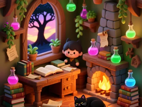Cozy Enchanted Room with Magical Potions and Cat