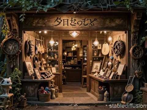 Cozy Fantasy Dungeon Shop Interior at Dusk