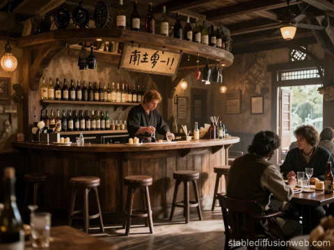 Cozy Fantasy Tavern Interior with Bartender and Patrons