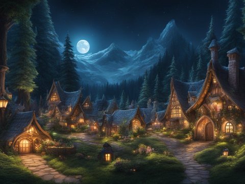 Cozy Fantasy Village Under a Full Moon