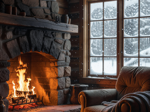 Cozy Fireside Cabin Interior with Snowy Window View