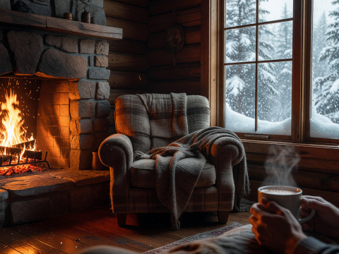 Cozy Fireside Cabin with Snowy Window View