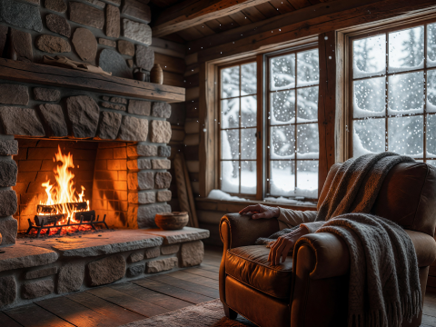 Cozy Fireside Cabin with Snowy Window View