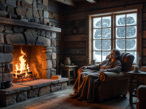 Cozy Fireside Haven in a Snowy Cabin