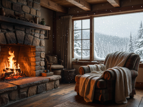 Cozy Fireside Haven with Snowy Window View