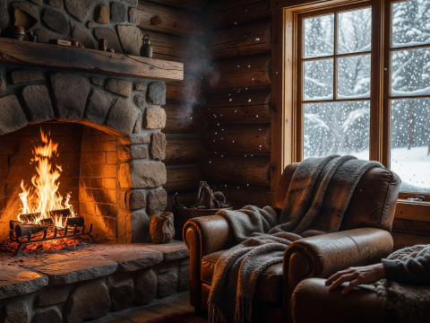 Cozy Fireside in Snowy Cabin Retreat
