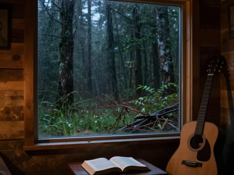 Cozy Forest Cabin Interior with Rainy Window View