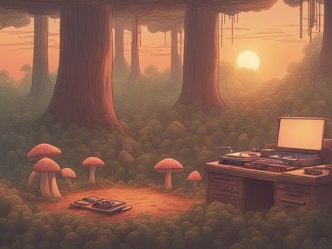 Cozy Forest Studio at Sunset with Vintage Music Setup