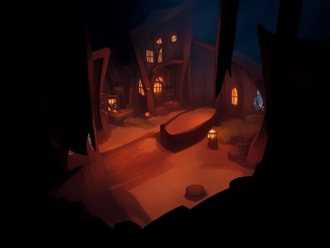 Cozy Hobbit Hole Interior at Night