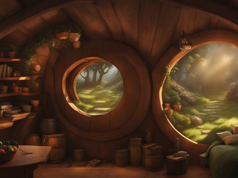 Cozy Hobbit Hole Interior with Sunlit Garden View