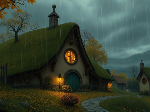 Cozy Hobbit-Style Homes on a Rainy Autumn Evening