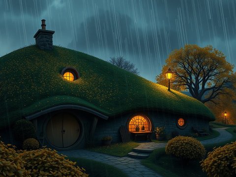 Cozy Hobbit-Style House on a Rainy Night