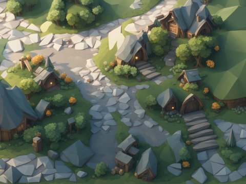 Cozy Hobbit Village in a Stylized Low-Poly Landscape