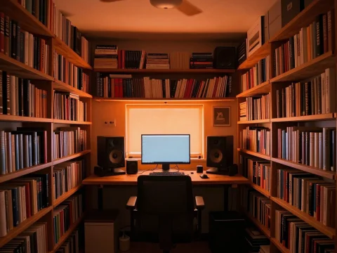Cozy Home Office Surrounded by Bookshelves