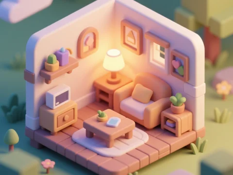 Cozy Isometric Living Room Game Asset