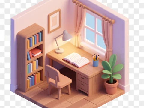 Cozy Isometric Study Room with Desk and Bookshelf