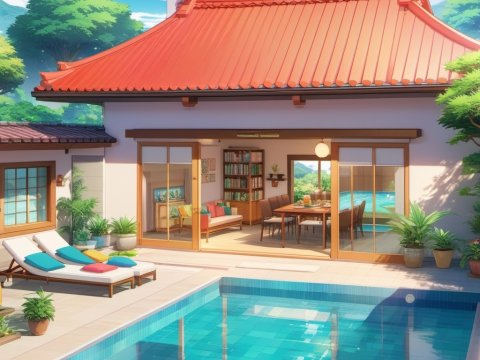 Cozy Japanese-style House with Pool in Anime Style
