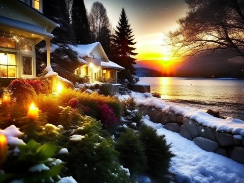 Cozy Lakeside Cottage at Winter Sunset