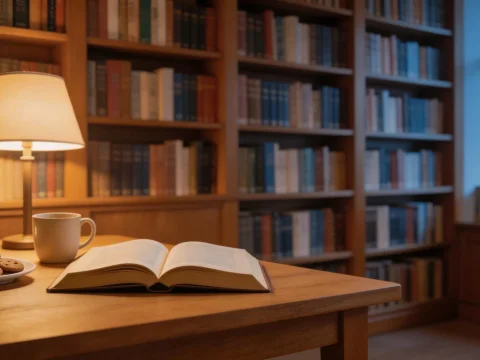 Cozy Library Reading Nook with Warm Lighting